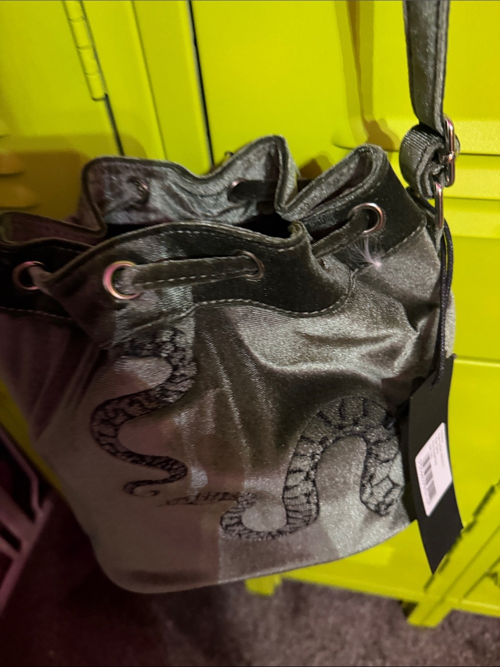 Disturbia Olive Green Velvet Drawstring Snake Bucket Bag - Picture 13 of 13